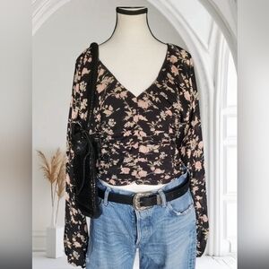 Free People Boho Stretchy Floral Black Pink Smocked Waist Womens S Cottage Top